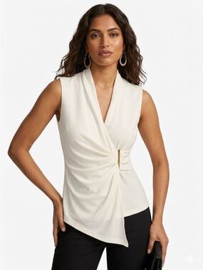 Donna Karan V-Neck Blouse Cream with Gold Hardware and Ruched Detail Size Medium